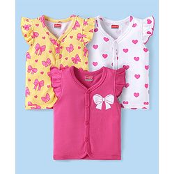 Babyhug Interlock Knit Frill Sleeves Front Open Vests With Heart & Bow Print Pack of 3 - Dark Pink White & Yellow