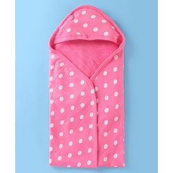 Babyhug 100% Cotton Terry Woven Hooded Wrapper with Polka Dots Print L 76 x B 76 cm - Pink