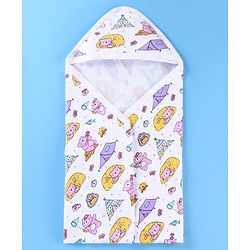 Babyhug Terry Woven Hooded Wrapper with Bear Print L 79 x B 76 cm - White