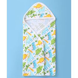 Babyhug Terry Woven Hooded Wrapper with Jungle Theme Print  L 76 x B 76 cm - White
