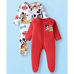 Babyhug Disney Interlock Knit Full Sleeves Footed Sleep Suits With Mickey Mouse Graphics Pack Of 2 - Red & White