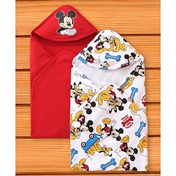 Babyhug Interlock Knit Hooded Bath Towel with Mickey Mouse Graphics L 76 x B 36 cm Pack of 2 - Red & White