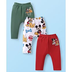 Babyhug Disney Cotton Knit Full Length Diaper Leggings With Mickey Mouse Graphics Pack Of 3 - Dark Green & Red