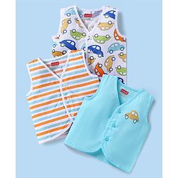 Babyhug Cambric Woven Sleeveless Front Open Jhablas With Car Print Pack of 3 - White Orange & Blue