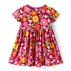Babyhug Cotton Knit Half Sleeves Frock With Floral Print - Maroon