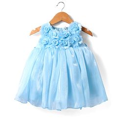 Babyhug Woven Sleeveless Fit & Flare Party Dress with Flowers on Yoke - Light Blue