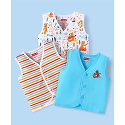 Babyhug 100% Cotton Woven Sleeveless Jhablas with Bear Print & Stripes Pack of 3 - Light Blue & White
