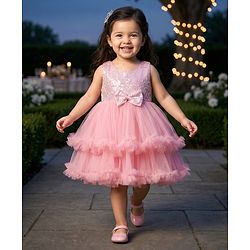 Babyhug Woven Sleeveless Party Dress With Sequinned Yoke & Bow Applique - Pink