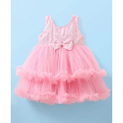 Babyhug Woven Sleeveless Party Dress With Sequinned Yoke & Bow Applique - Pink
