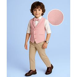 Babyhug Knit Full Sleeves 3 Piece Soild Color Party Suit - Peach & White