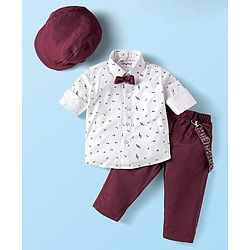 Babyhug Knit Full Sleeves Musical Printed Shirt & Trouser with Suspender Hat & Bow - Wine