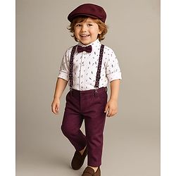 Babyhug Knit Full Sleeves Musical Printed Shirt & Trouser with Suspender Hat & Bow - Wine