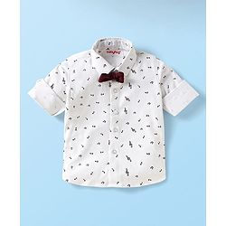 Babyhug Knit Full Sleeves Musical Printed Shirt & Trouser with Suspender Hat & Bow - Wine