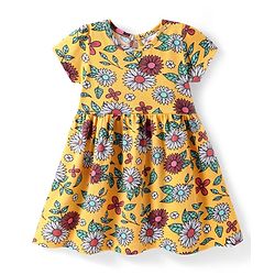 Babyhug Cotton Knit Half Sleeves Frock with Floral Print - Yellow