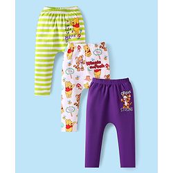Babyhug Disney Interlock Knit Full Length Diaper Leggings With Winnie The Pooh Graphics Pack Of 3  - Purple White & Green