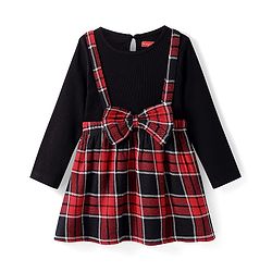 Babyhug Woven Full Sleeves Checkered Frock with Bow Applique - Dark Red