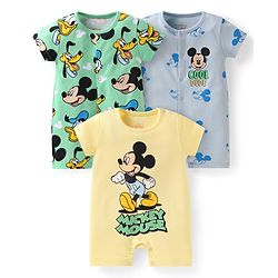 Babyhug Disney Interlock Knit Half Sleeves Rompers with Mickey Mouse Graphics Pack of 3 - Yellow Green & Light Blue