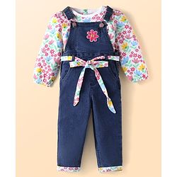 Babyhug Single Jersey Knit Dungaree & Full Sleeves Top With Floral Print - Navy Blue
