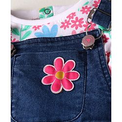 Babyhug Single Jersey Knit Dungaree & Full Sleeves Top With Floral Print - Navy Blue