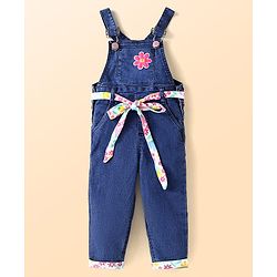 Babyhug Single Jersey Knit Dungaree & Full Sleeves Top With Floral Print - Navy Blue