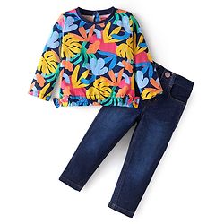 Babyhug Single Jersey Knit Full Sleeves Top & Denim Jeans Set With Tropical Theme Print - Navy Blue