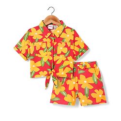 Babyhug Rayon Woven Half Sleeves Floral Printed Knotted Collared Top & Shorts Set - Orange