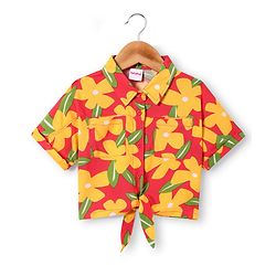 Babyhug Rayon Woven Half Sleeves Floral Printed Knotted Collared Top & Shorts Set - Orange