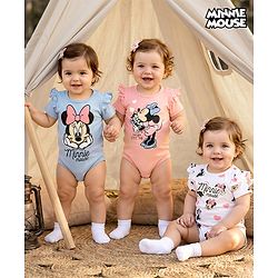Babyhug Disney Interlock Knit Half Sleeves Onesies with Minnie Mouse Graphics & Frill Detailing Pack of 3 - Pink Blue & White