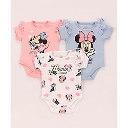 Babyhug Disney Interlock Knit Half Sleeves Onesies with Minnie Mouse Graphics & Frill Detailing Pack of 3 - Pink Blue & White