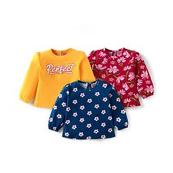 Babyhug Cotton Knit Full Sleeves T-Shirts With Floral & Text Print Pack of 3 - Navy Blue Yellow & Maroon