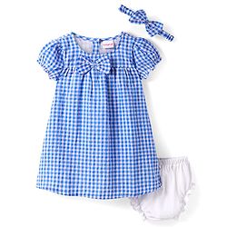 Babyhug Woven Half Puffed Sleeves Checkered Frock with Bloomer Headband & Bow Applique - Blue