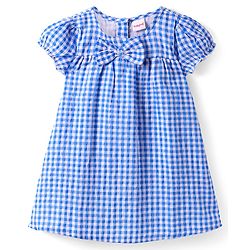 Babyhug Woven Half Puffed Sleeves Checkered Frock with Bloomer Headband & Bow Applique - Blue