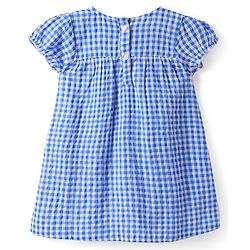 Babyhug Woven Half Puffed Sleeves Checkered Frock with Bloomer Headband & Bow Applique - Blue