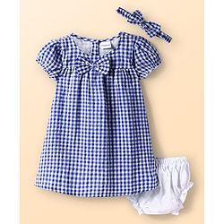 Babyhug Woven Puffed Sleeves Check Frock with Bloomer and Hair Band - Navy Blue