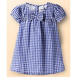 Babyhug Woven Puffed Sleeves Check Frock with Bloomer and Hair Band - Navy Blue