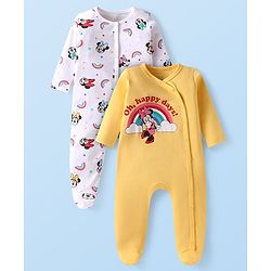 Babyhug Disney Interlock Knit Full Sleeves Sleep Suit with Minnie Mouse Graphics Pack of 2 - Yellow & White
