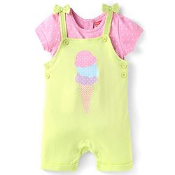 Babyhug Single Jersey Knit Half Sleeves Polka Dots & Ice Cream Printed T-Shirt & Dungaree Style Romper - Pink  & Yellow