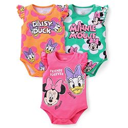 Babyhug Disney Interlock Knit Frill Sleeves Onsies with Minnie Mouse Graphics Pack of  3 - Orange Pink & Light Green