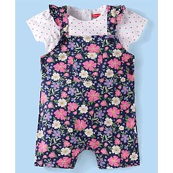 Babyhug Single Jersey Knit Half Sleeves Polka Dots & Floral Printed Top & Dungaree Style Romper with Frill Detailing - Navy & White