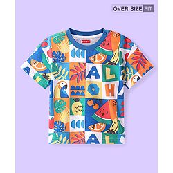 Babyhug Cotton Knit Half Sleeves Oversized T-Shirt With Tropical Theme Print - Blue