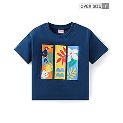 Babyhug Cotton Knit Half Sleeves Oversized T-Shirt with Bird & Floral Graphics - Navy Blue