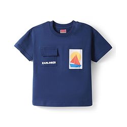 Babyhug Cotton Knit Half Sleeves T-Shirt With Boat Print & Pocket Detailing - Navy Blue