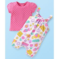 Babyhug Single Jersey Knit Dungaree & Half Sleeves T-Shirt With Floral & Polka Dot Print - White & Pink