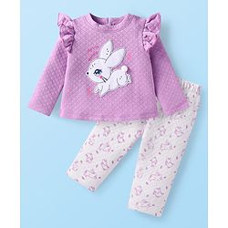 Babyhug Knit Full Sleeves Quilted Top & Lounge Pant Set With Bunny Print & Patch - Lilac & White
