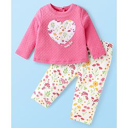 Babyhug Knit Full Sleeves Quilted Top & Lounge Pant Set With Floral Print & Heart Patch - Dark Pink & White