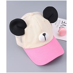 Babyhug Free Size Baseball Cap With Teddy Bear & Ear Applique - Pink