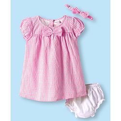 Babyhug Woven Puffed Sleeves Check Frock with Bloomer and Hair Band - Pink