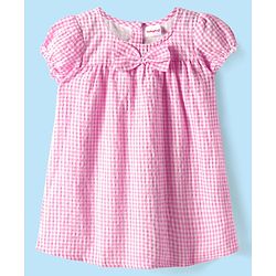 Babyhug Woven Puffed Sleeves Check Frock with Bloomer and Hair Band - Pink