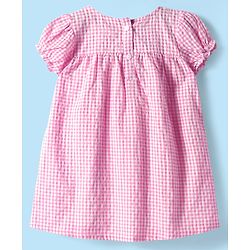 Babyhug Woven Puffed Sleeves Check Frock with Bloomer and Hair Band - Pink