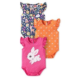 Babyhug 100% Cotton Knit Frill Sleeves Floral & Animal Printed Onesies Pack of 3 - Dark Pink Navy & Orange